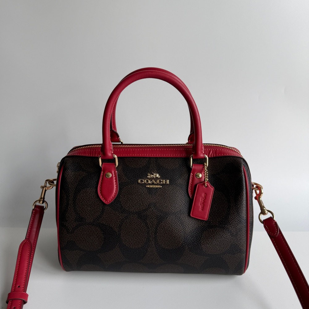Coach Rowan Satchel Brown Red Signature Canvas Crossbody CV961